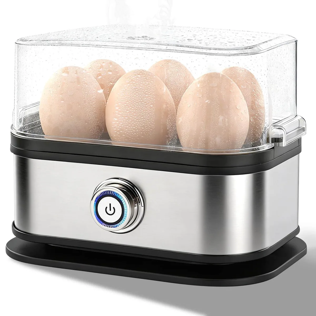 Compact white electric egg cooker with transparent lid and stainless steel base, holds six eggs