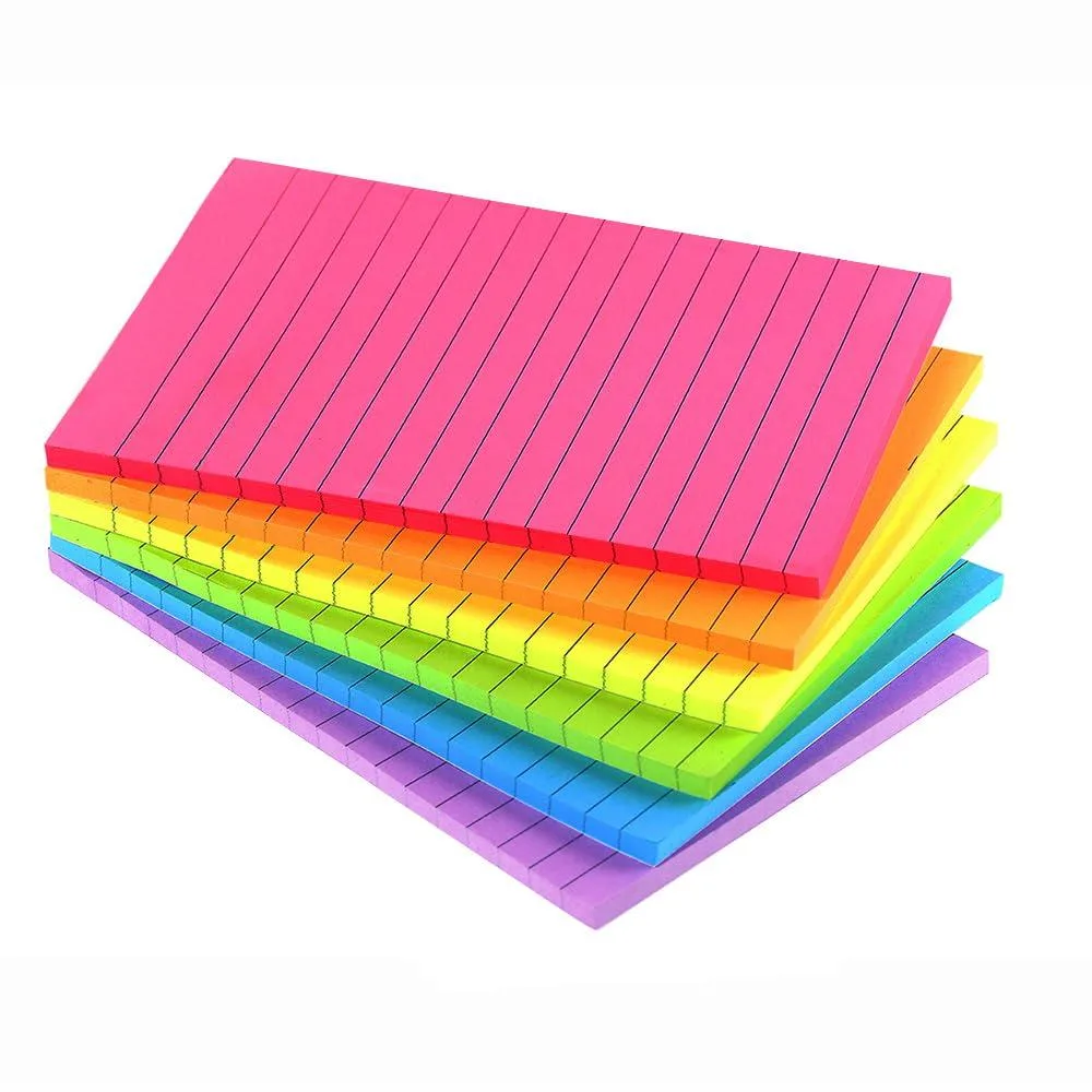 Six rectangular pads of lined sticky notes in bright colours, each 4 by 6 inches
