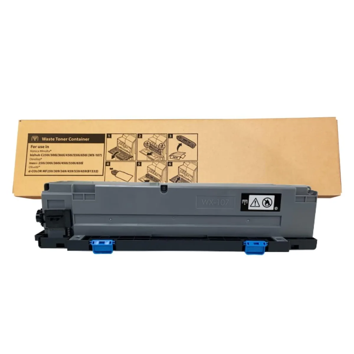 Rectangular black plastic waste toner container with label and handle