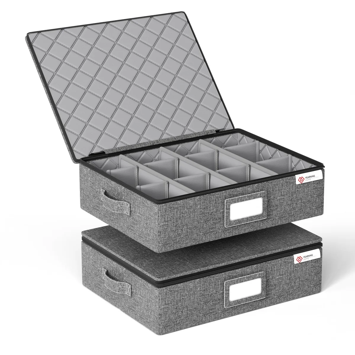 Two grey fabric boxes with hard lids and handles, each holding twelve mugs