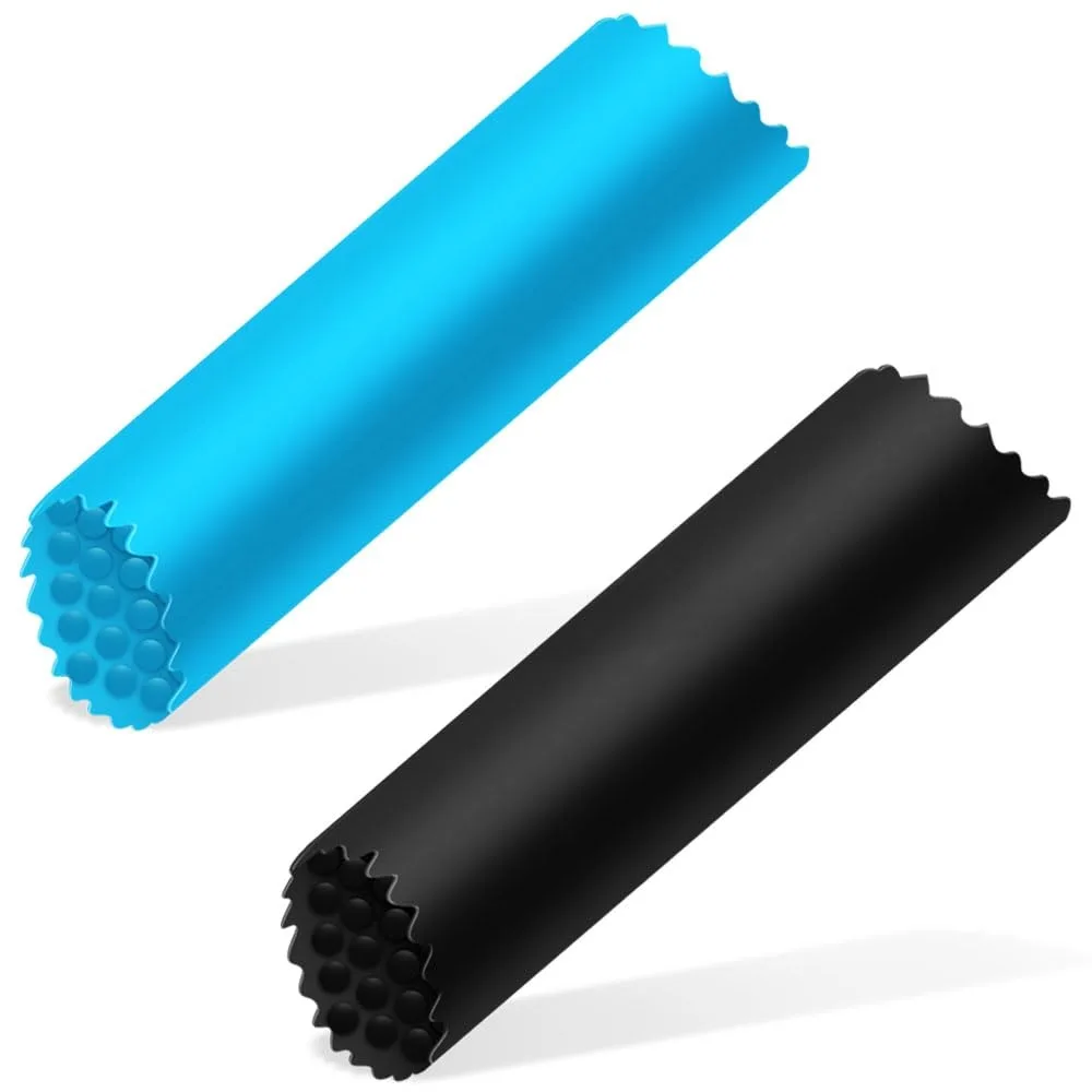 Blue silicone garlic peeler tube with textured interior and hanging hole