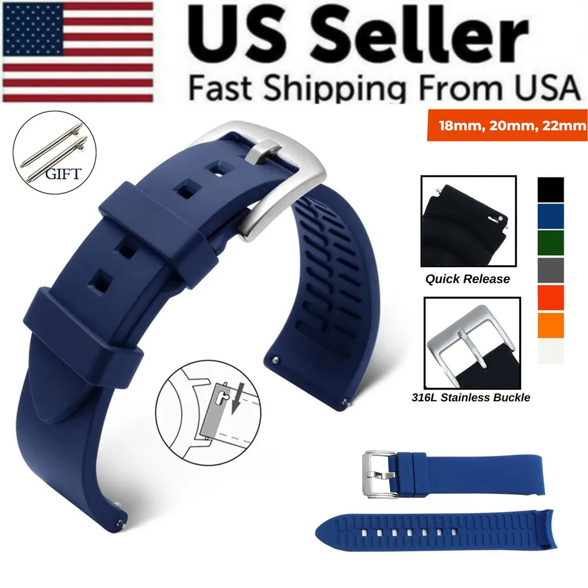 The Perfect Part The Perfect Part 18mm 20mm 22mm Silicone Watch Band Blue — product photo