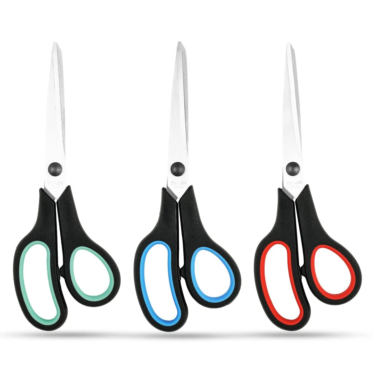 Three black 8-inch scissors with green, red and blue comfort-grip handles