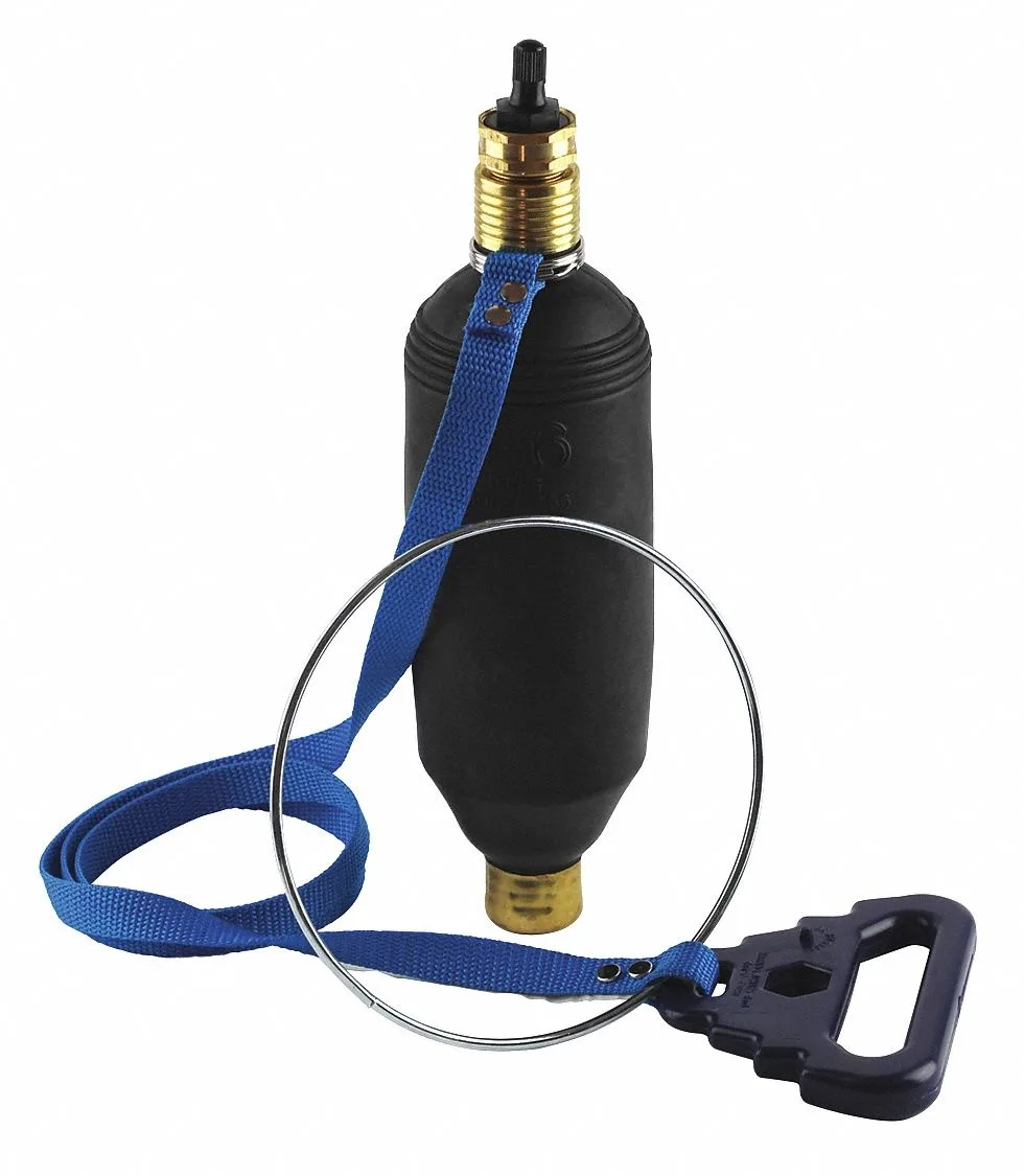 Black rubber pneumatic test plug with metal air valve and tether strap, deflated length twelve inches, diameter three point five inches