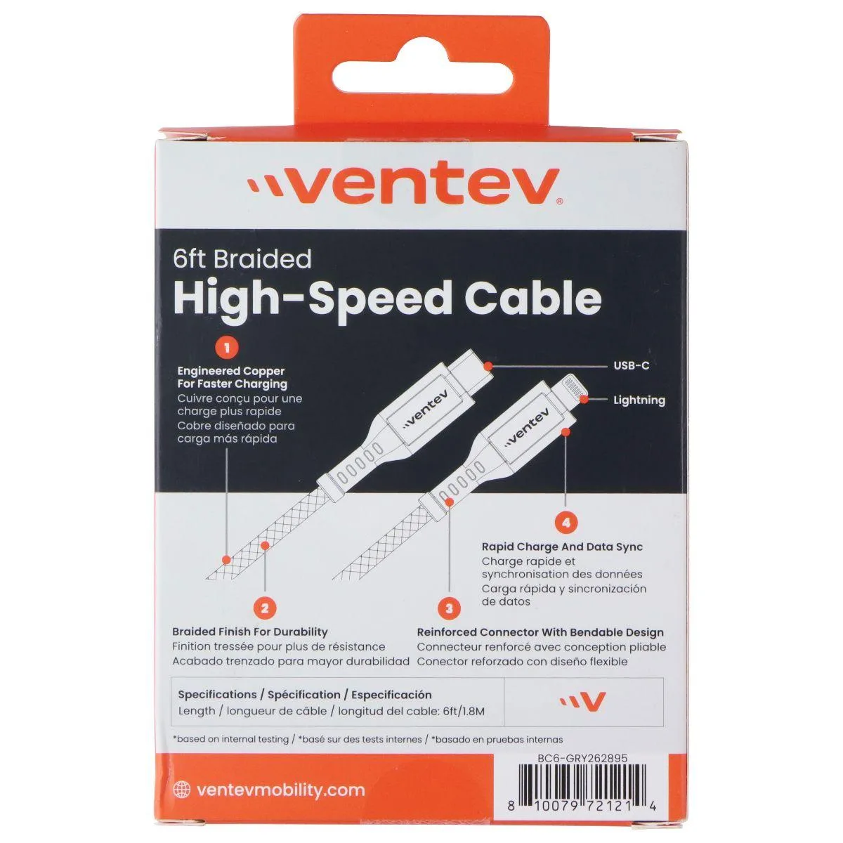 Ventev Ventev USB-C to 8-Pin Braided Cable 6 ft Black/Gray — product photo