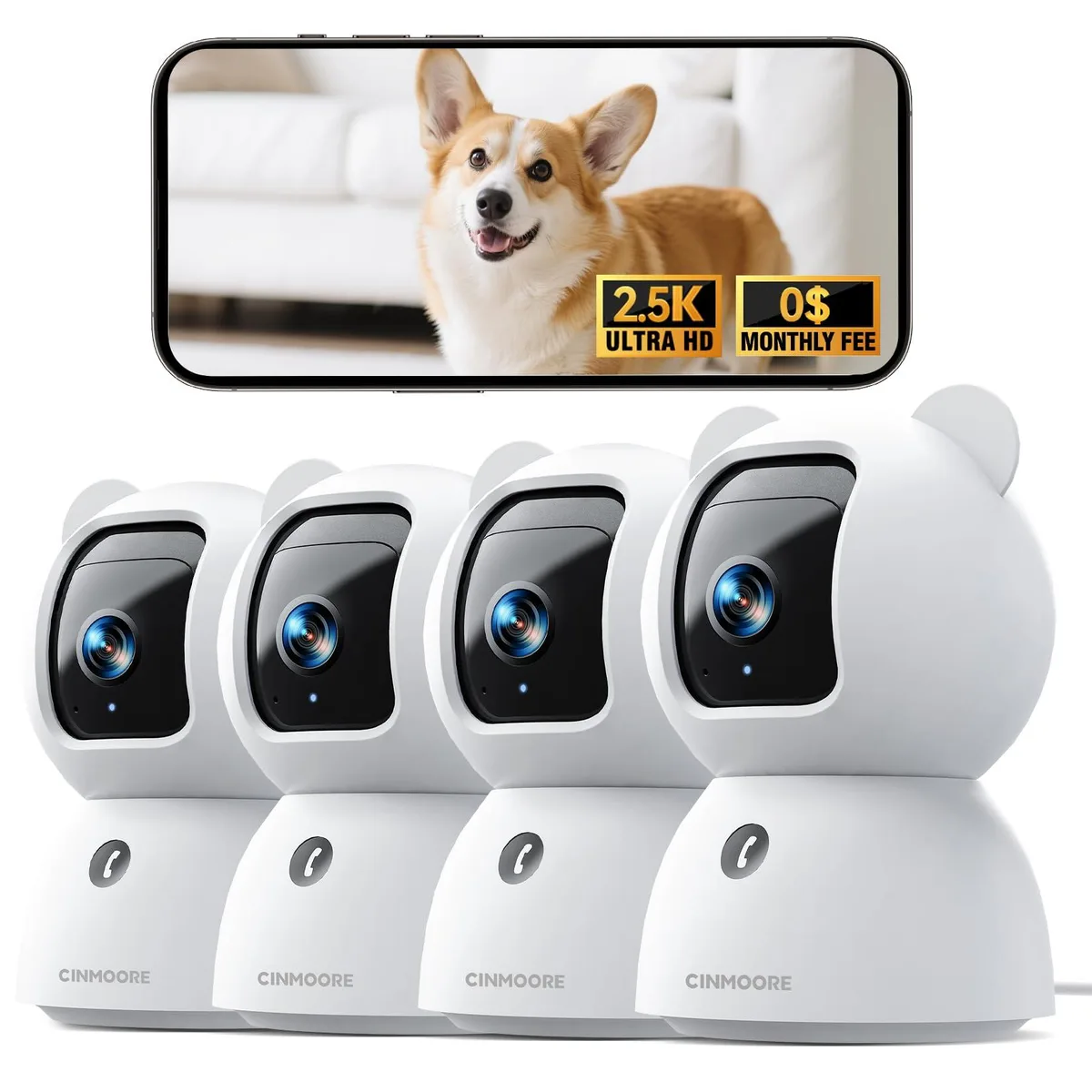 Four compact white indoor cameras with pan-tilt bases, 3×3×4.5 in, corded power, 2.5K resolution