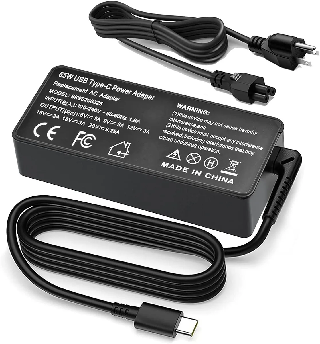 myVolts myVolts 65W USB-C AC Adapter for Chromebook 300E ThinkPad X1 Carbon Yoga T480s T480 T490 T490S — product photo