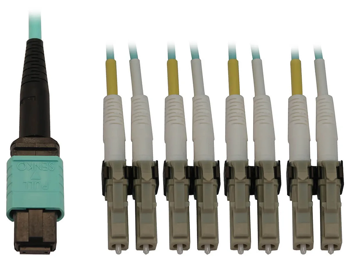 Tripp Lite Tripp Lite N844X-03M-8L-P fibre optic cable 12-fibre OM3 MTP/MPO to 4x LC duplex 3m aqua — product photo