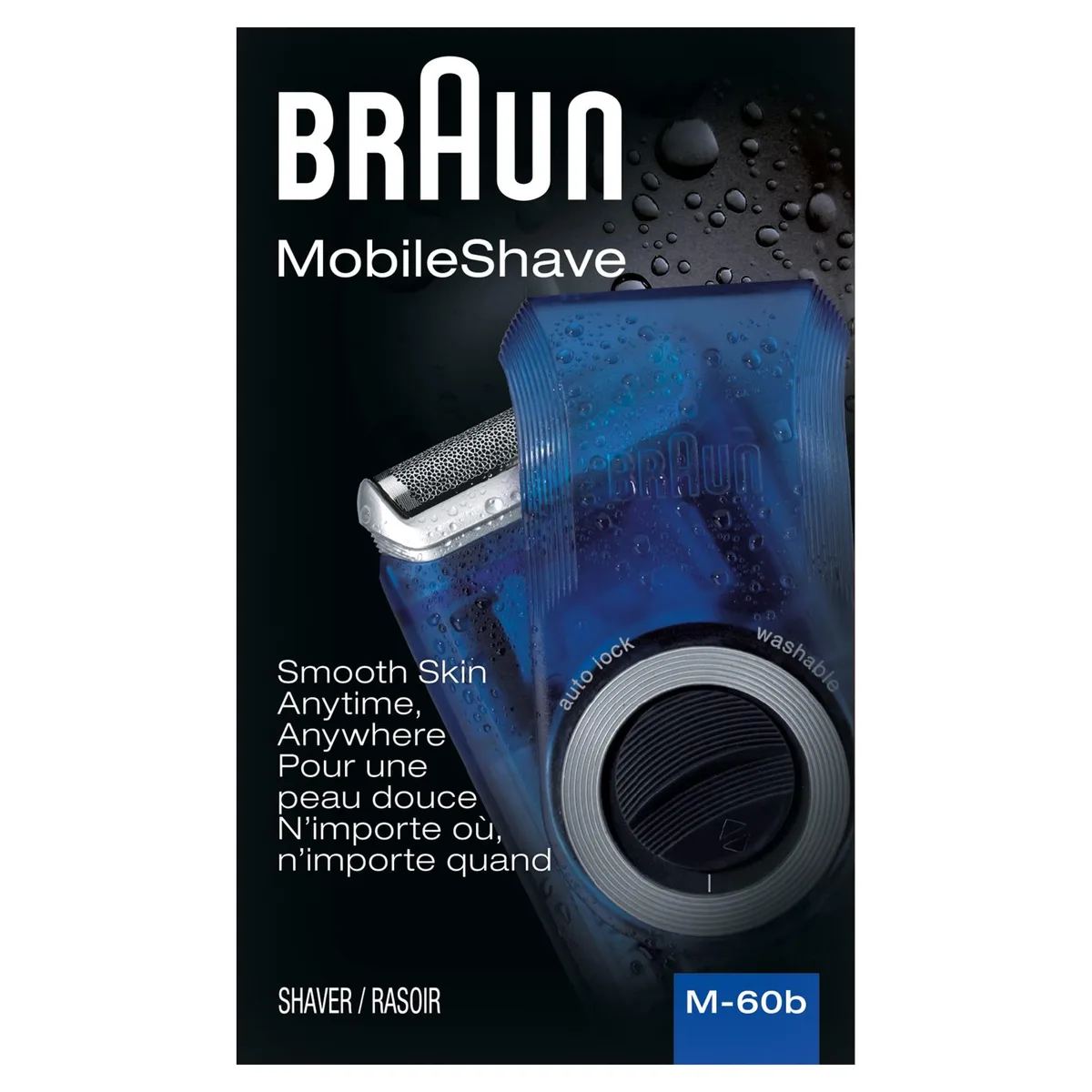 Blue Braun M60B foil shaver, compact plastic body with twist-off protective cap