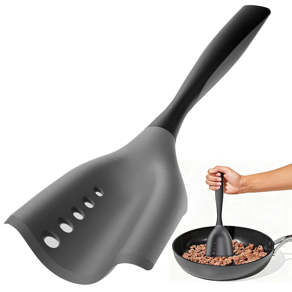 Black nylon meat chopper spatula with perforated curved blade and ergonomic handle