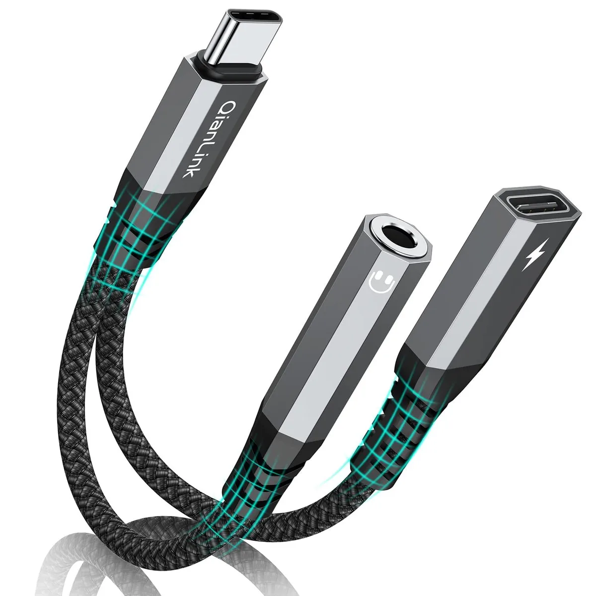 Gray USB-C adapter with 3.5 mm jack and PD 60W charging port