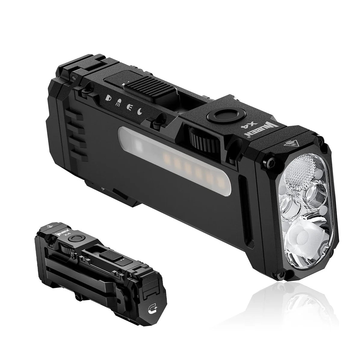 Flat rectangular flashlight with matte finish, pocket clip and magnetic tail visible