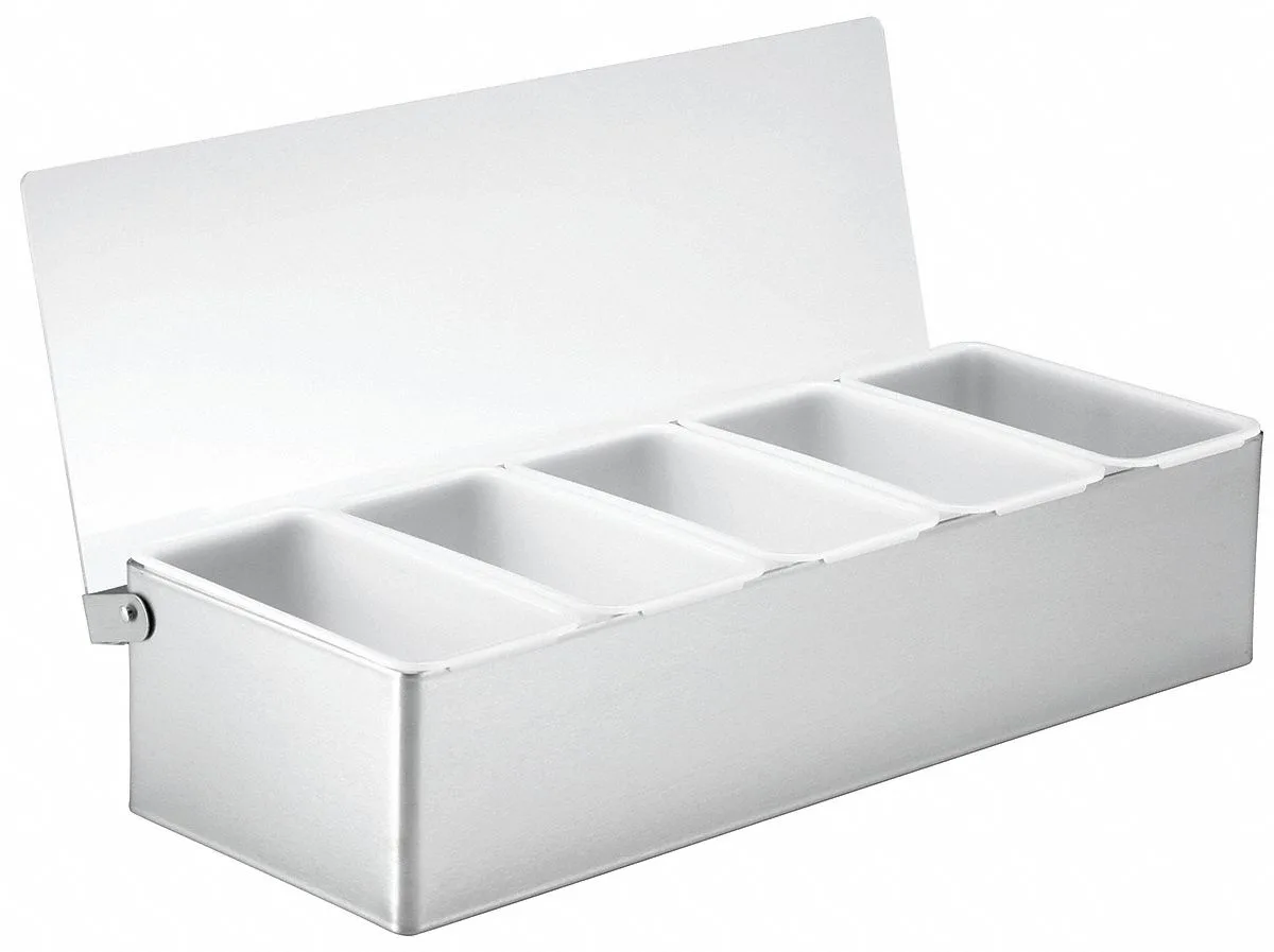 Silver stainless steel condiment holder with five pint inserts and a lid