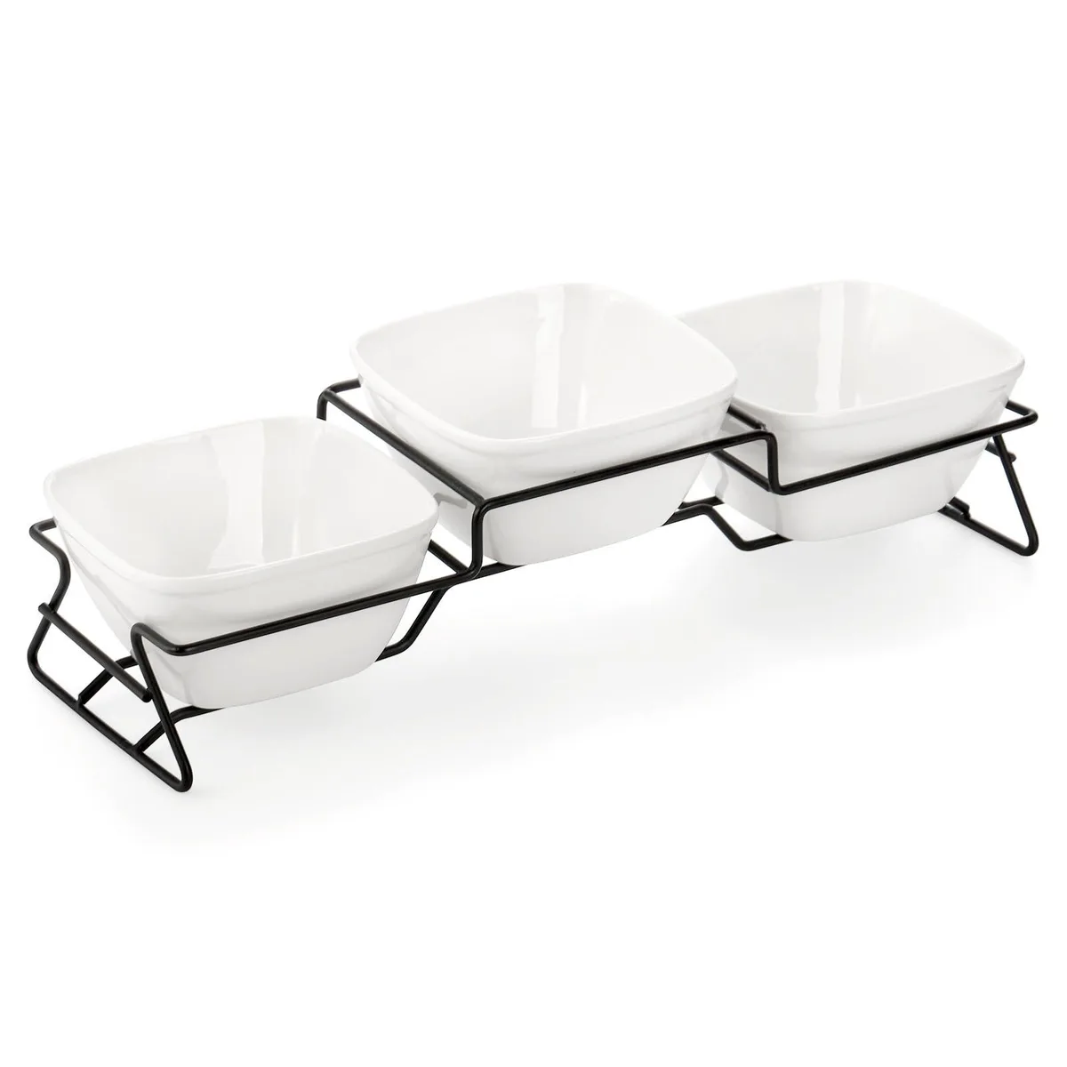 Three white porcelain bowls with checkered pattern in black metal rack