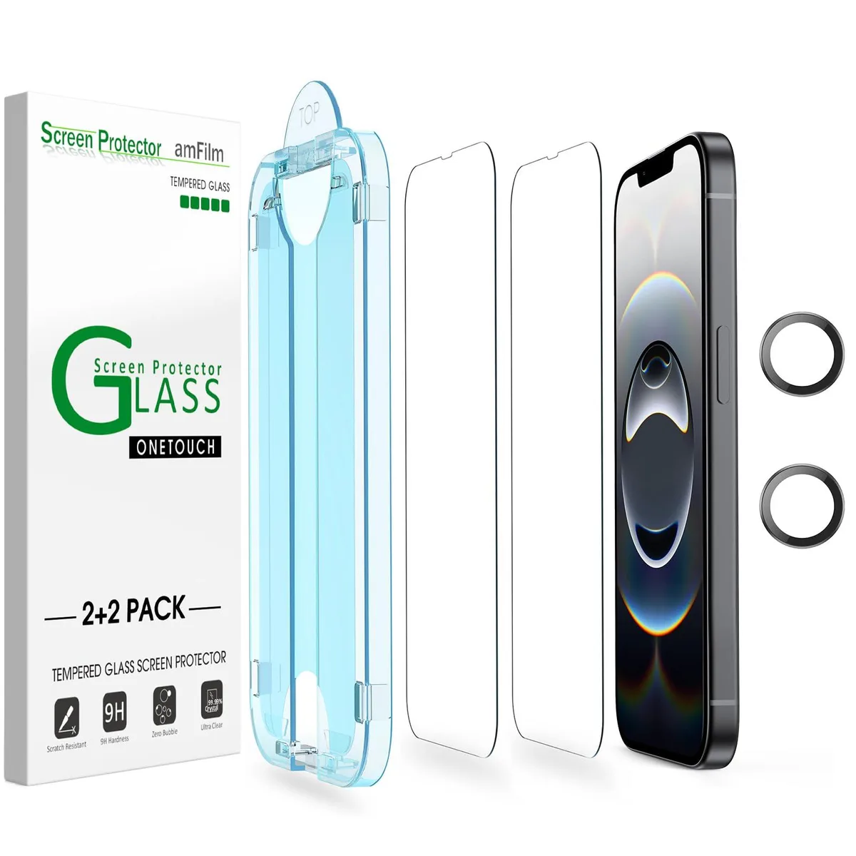 Two tempered-glass screen protectors and two camera lens protectors in a clear tray, black finish