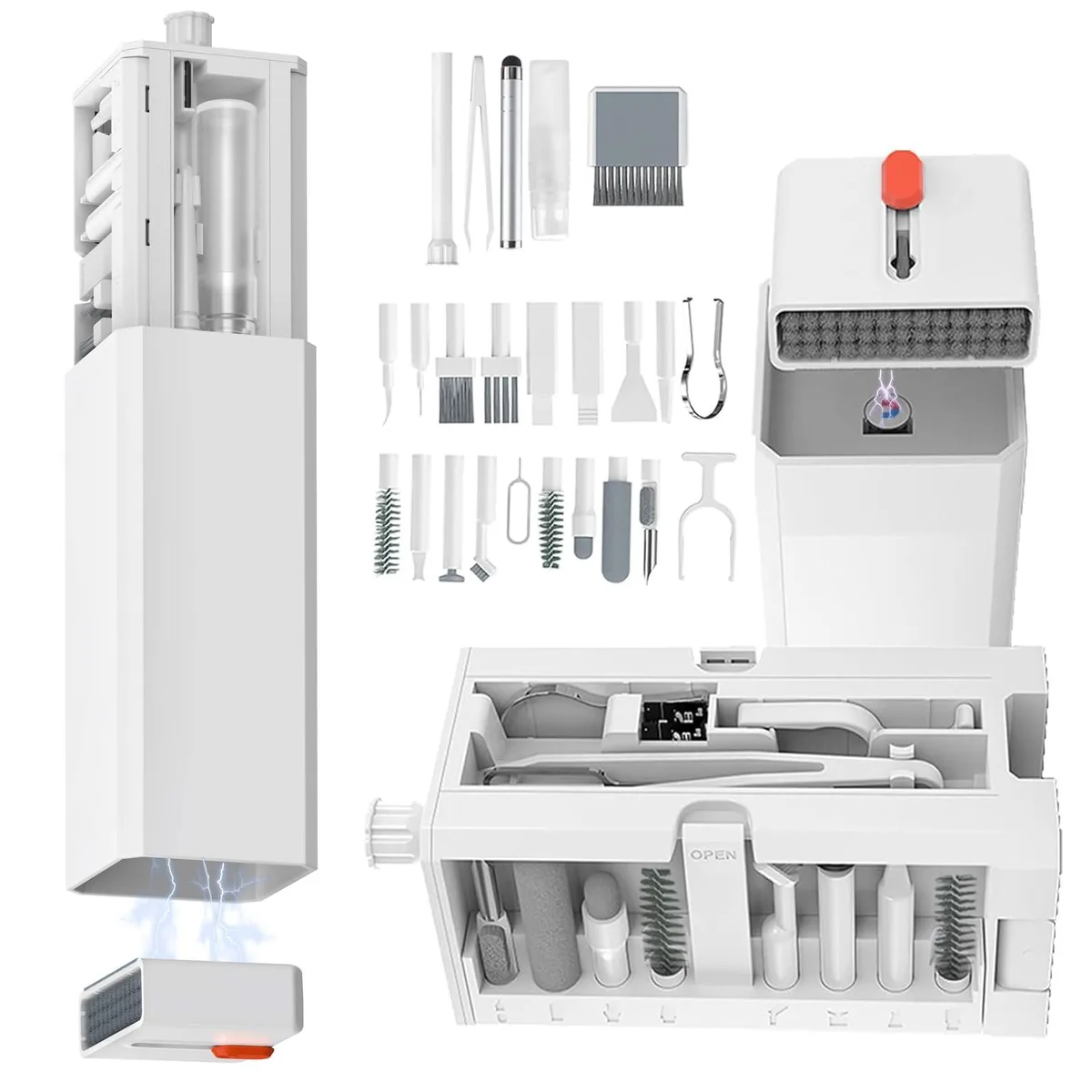 Compact rectangular case holding 32 cleaning tools including brushes, picks, cloth and keycap puller