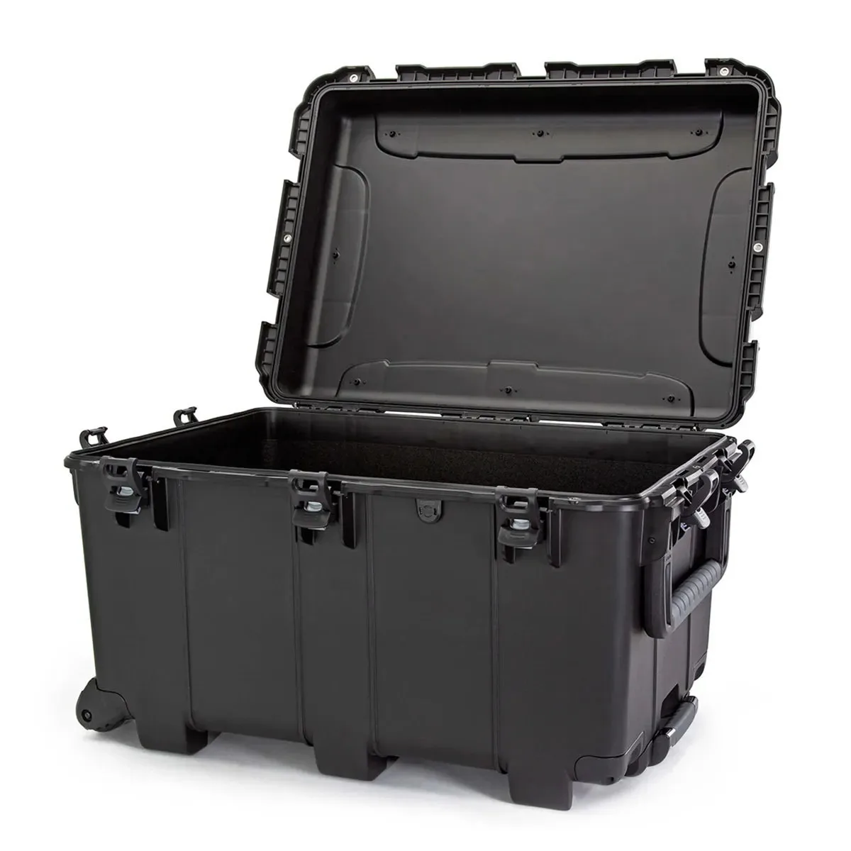 Black wheeled hard case with retractable handle and four wheels