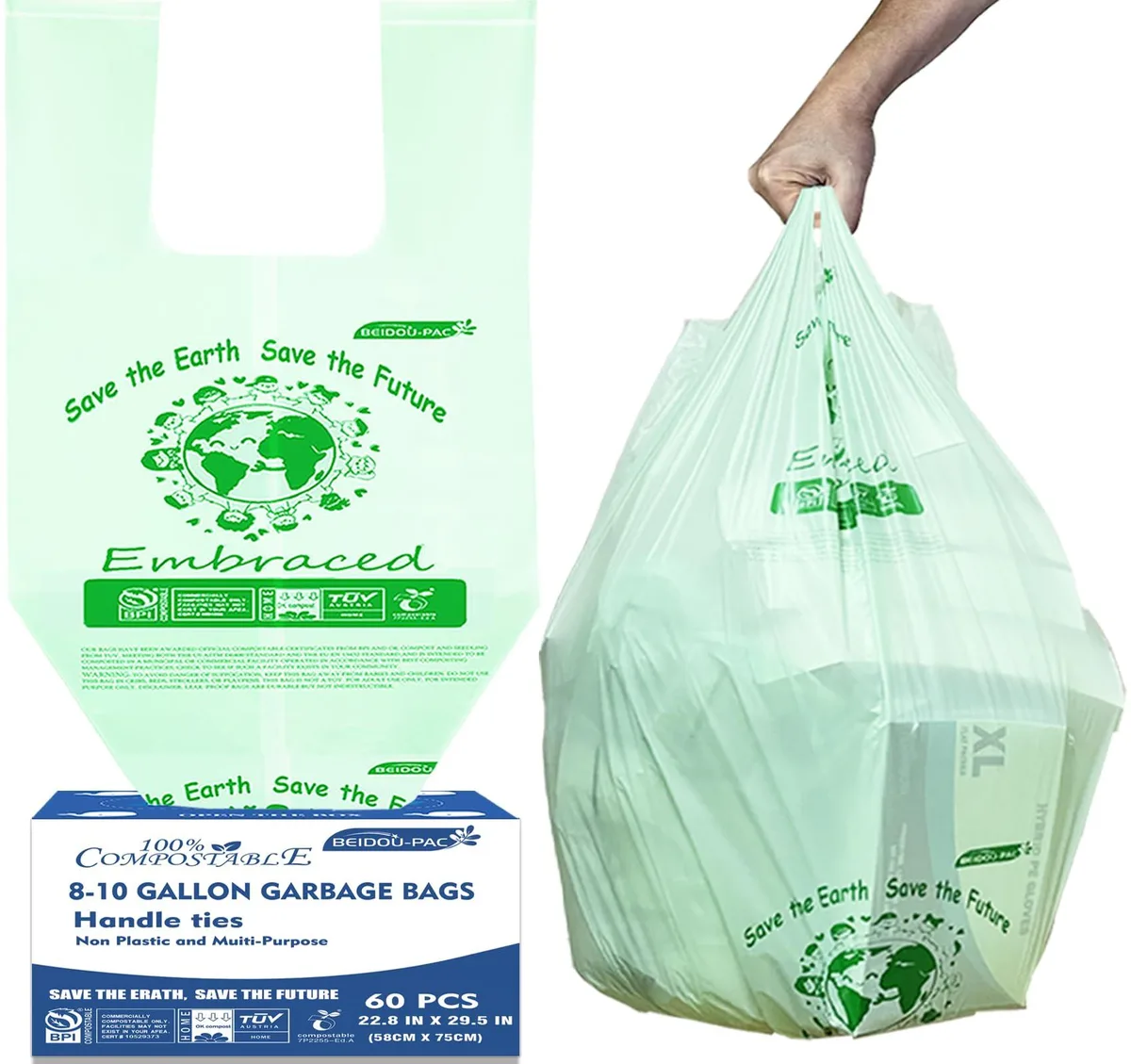 Green compostable trash bags on a roll, 60 count, 10 gallon capacity