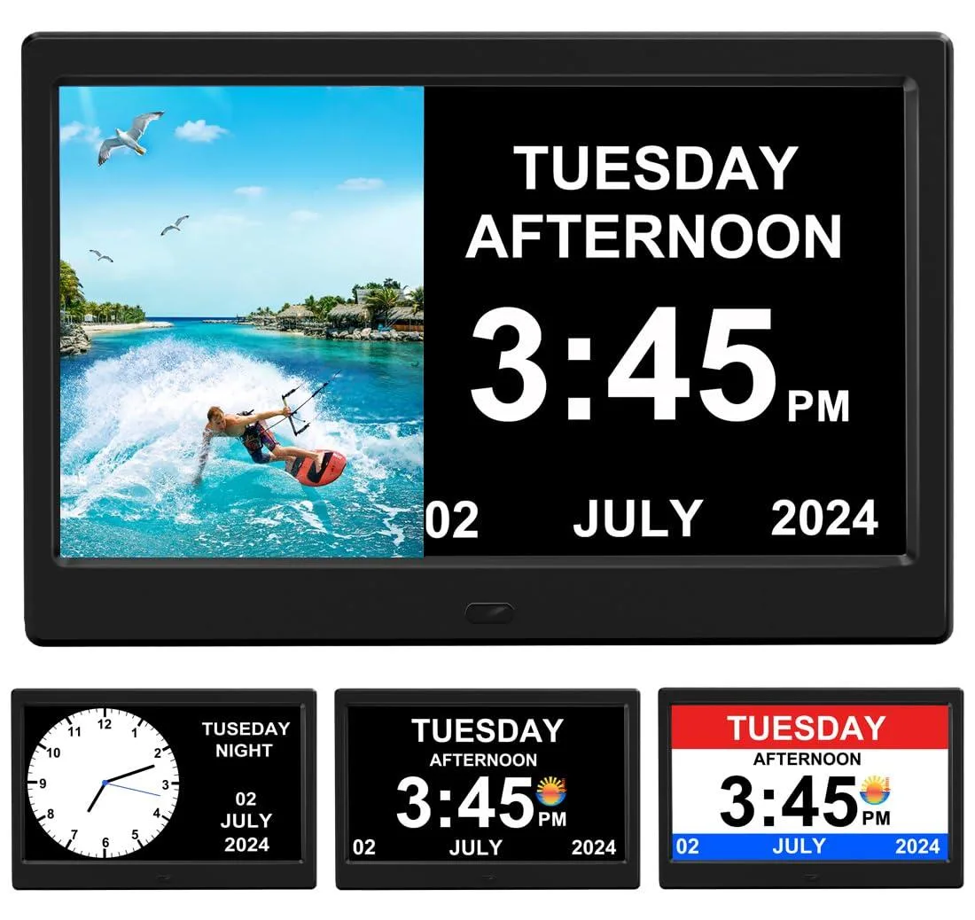 White rectangular digital clock with 10.1 inch split screen showing time and photo carousel
