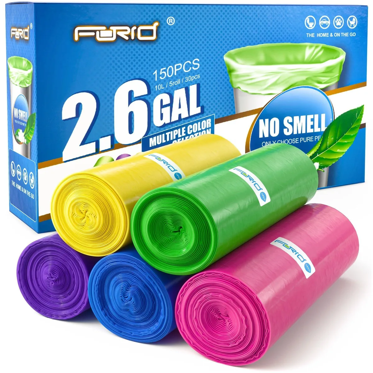 Boxed roll of 150 multi-coloured 2.6 gallon plastic bin liners