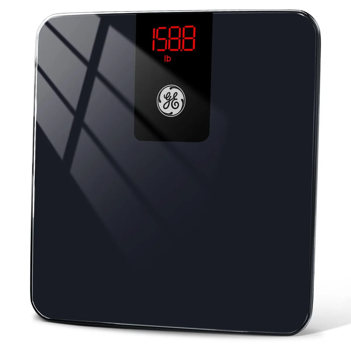 Black rectangular digital bathroom scale with rounded corners, LED display, 11 inch square platform, lightweight 1.2 kg
