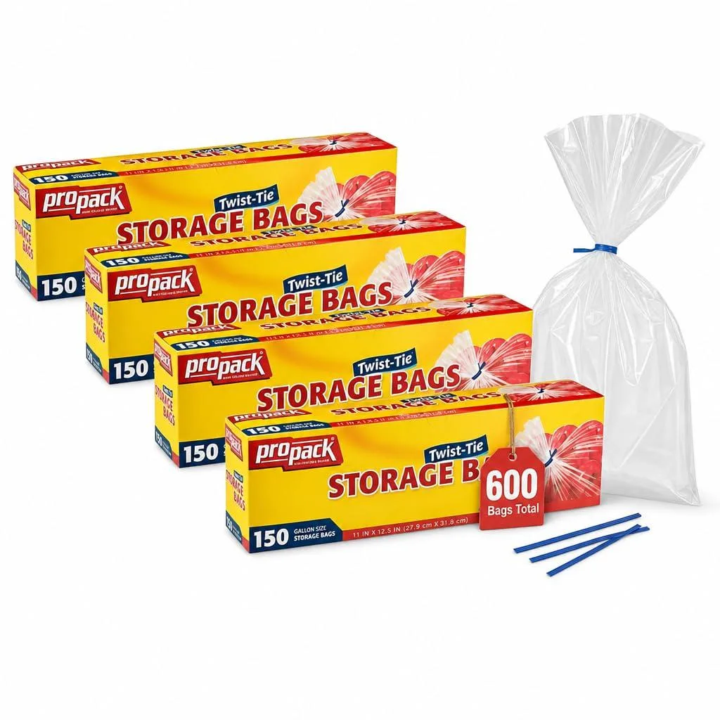 Box of 600 clear plastic gallon bags with red twist ties