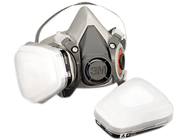 Small grey half-face respirator with twin cartridges and adjustable head straps