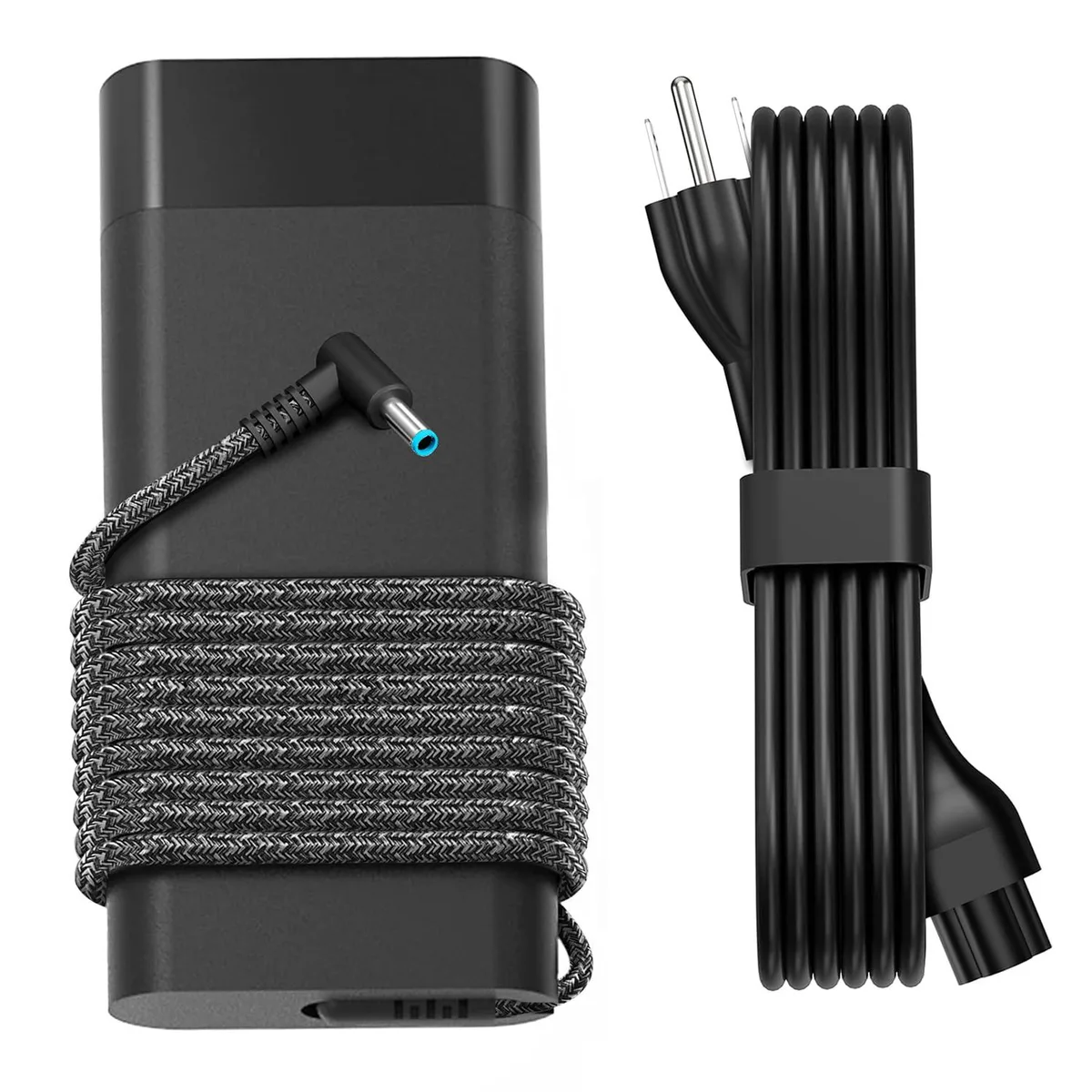 Black rectangular 200W AC adapter with blue tip connector and power cord