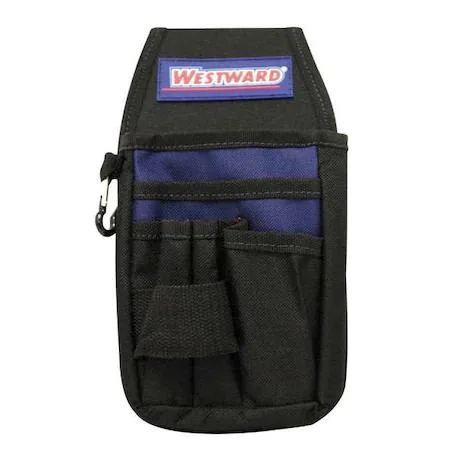 Black polyester tool pouch with six open pockets and a belt clip