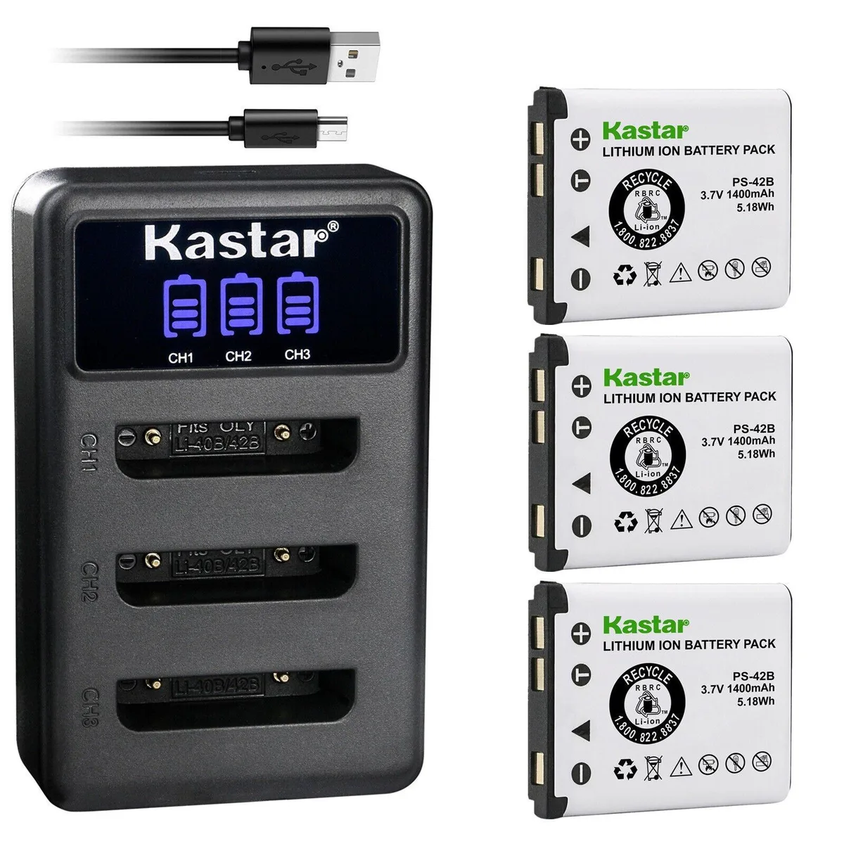 Kastar Kastar LI-42B 3-pack battery and LCD triple USB charger — product photo