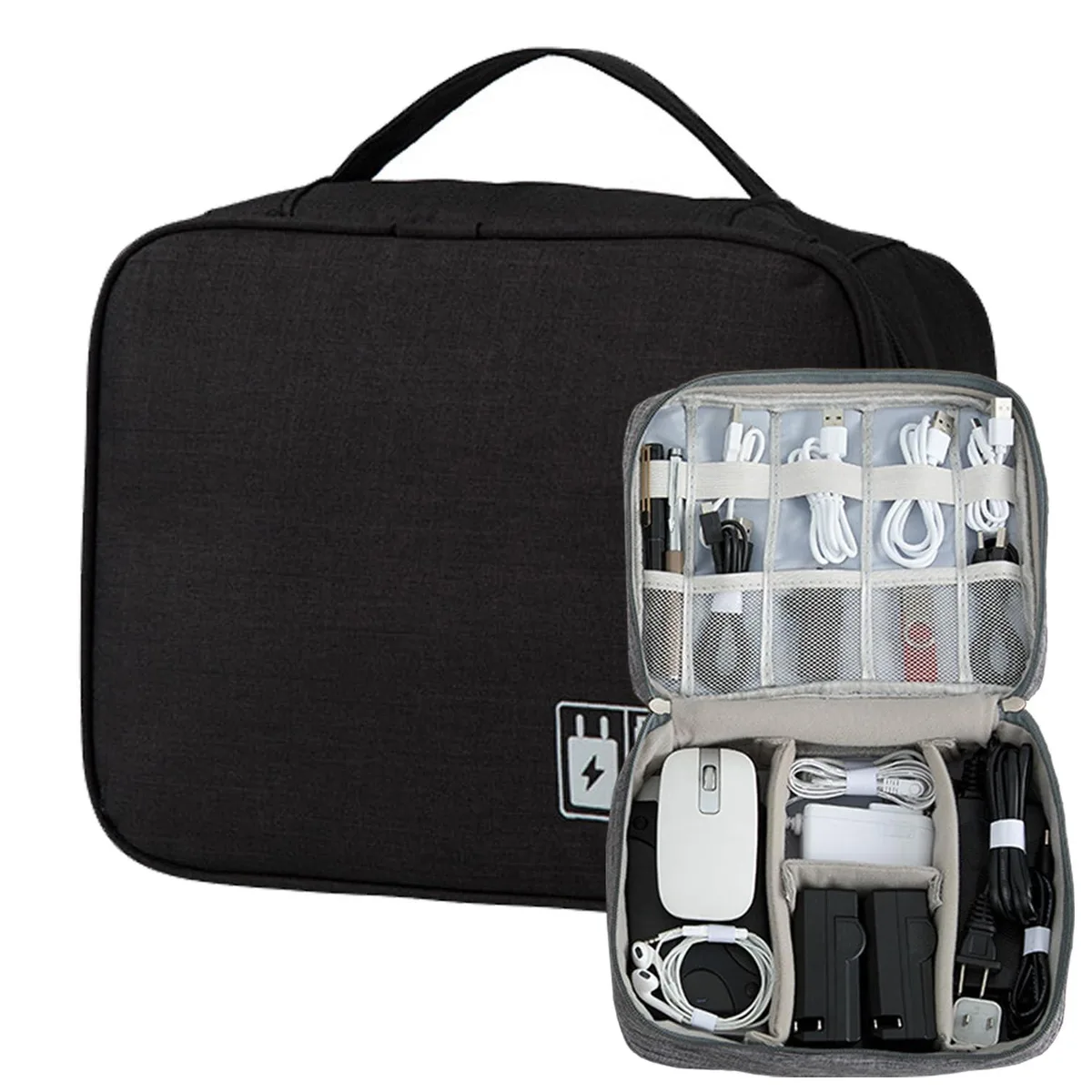 Black rectangular organizer case with orange accents, hand strap, and mesh interior compartments