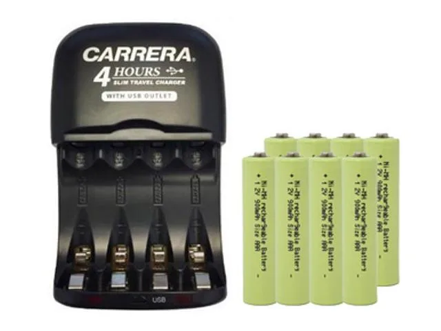 DUSLAN DUSLAN V3299USB AA AAA NiMH smart slim travel charger with USB plug and 8 AAA 900 mAh batteries — product photo
