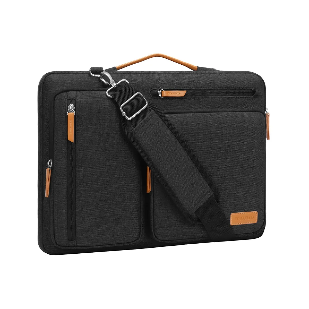 Black messenger-style laptop shoulder bag with front zip pockets and adjustable strap