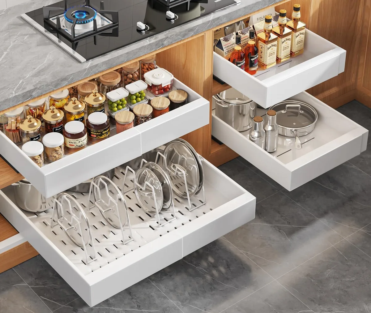 Four white metal pull-out cabinet organizers with adjustable dividers and three sliding rails each