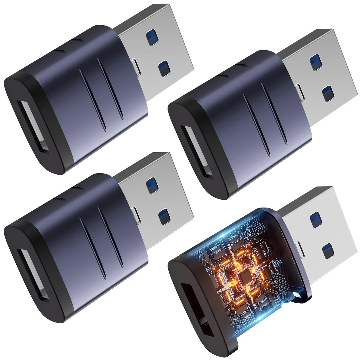 Four small silver USB A to C adapters with aluminum finish