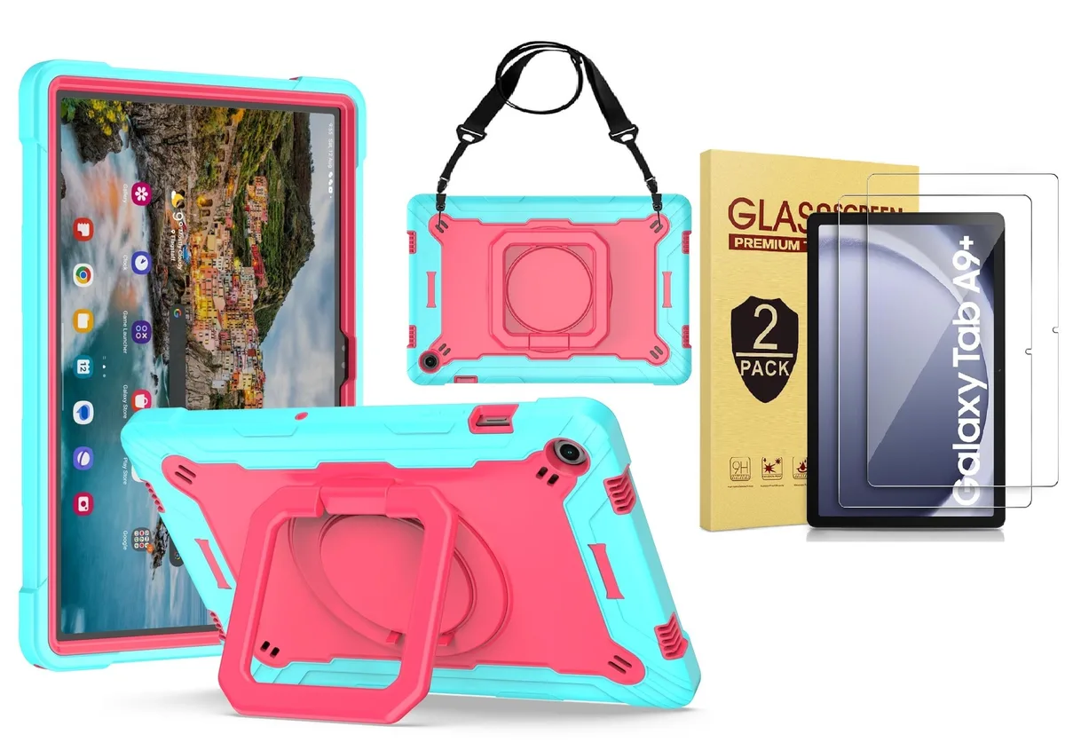 anicestore anicestore case Samsung Galaxy Tab A9+ 11 2023 Teal/Pink shoulder strap 360 stand 2 glass — product photo