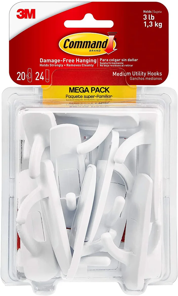 White plastic utility hooks with adhesive strips, twenty hooks and twenty-four strips in a pack