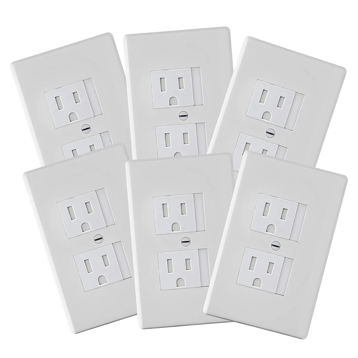 Six white rectangular self-closing switch plates with spring-loaded sliding covers