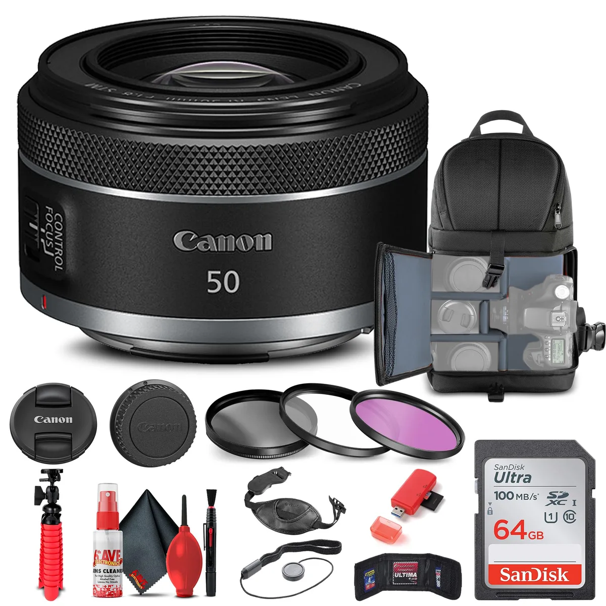 Canon Canon RF 50mm f/1.8 STM Lens Bundle with Filter, Backpack, 64GB Card — product photo