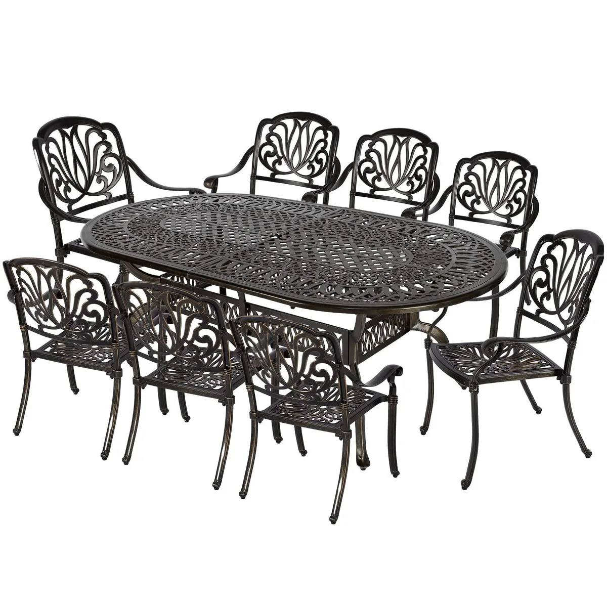 MEETWARM MEETWARM 9-Piece Patio Dining Set Floral Design 8 Chairs Oval Table 2" Umbrella Hole Cast Aluminum — product photo