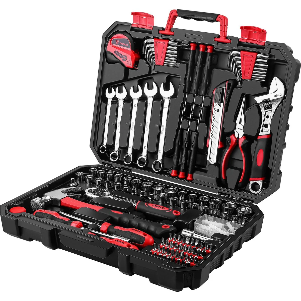 Red plastic storage case with 158-piece tool set inside