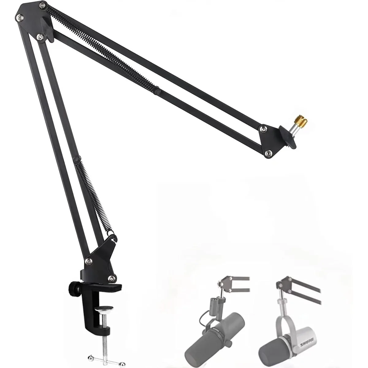 Gray desk-mounted microphone boom arm with adjustable joints and clamp base