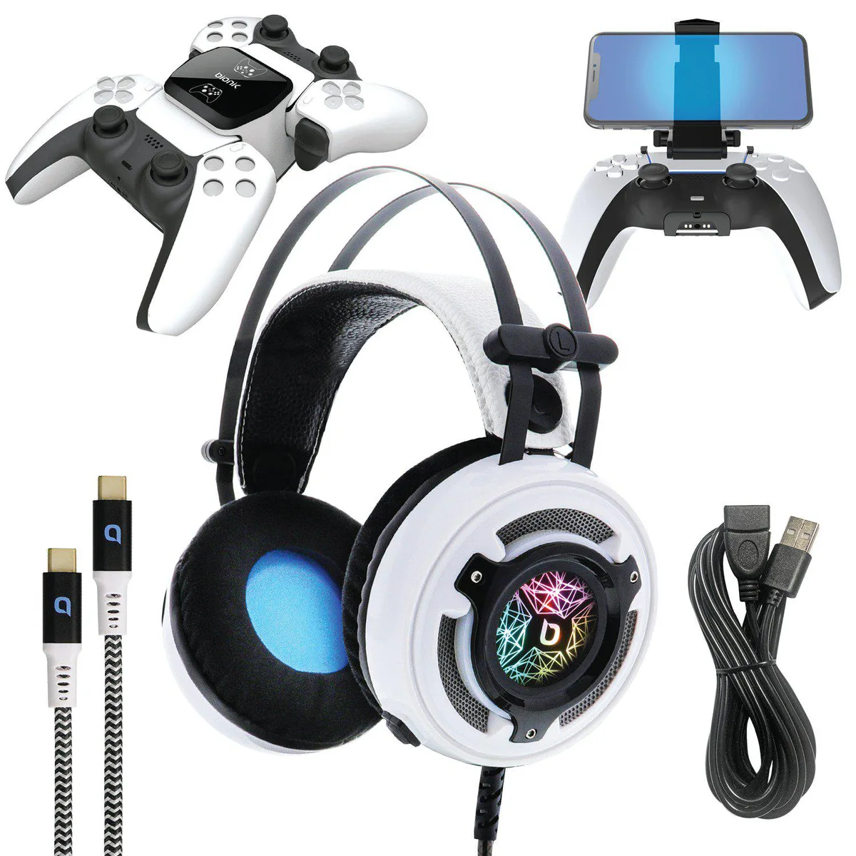 Bionik Bionik BNK-9083 PS5 accessory kit with 50mm headset, charge base, phone holder, 10ft cable — product photo
