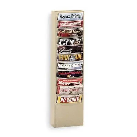 Wall-mounted tan steel magazine rack with eleven pockets