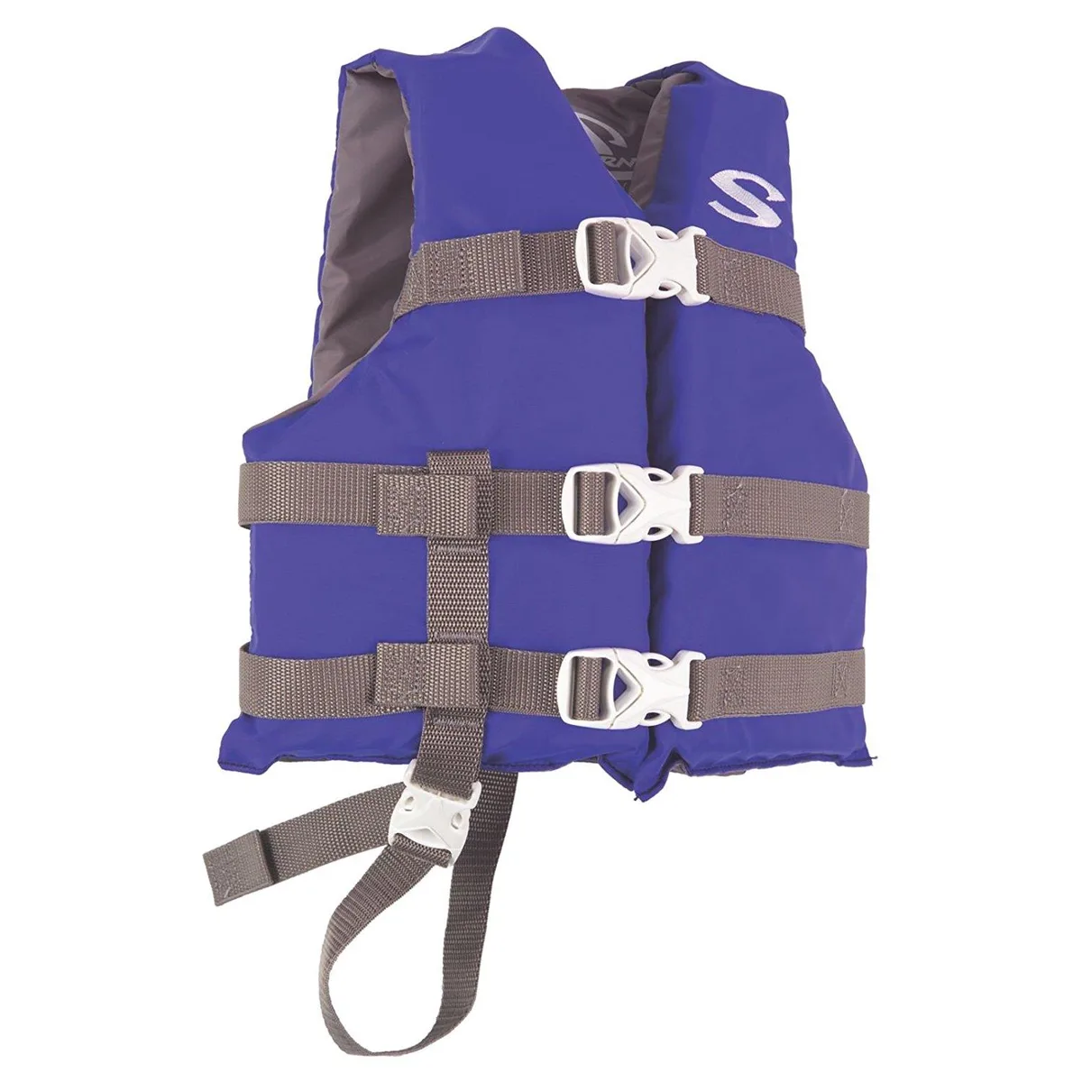 Blue child life jacket with adjustable leg strap and three buckles