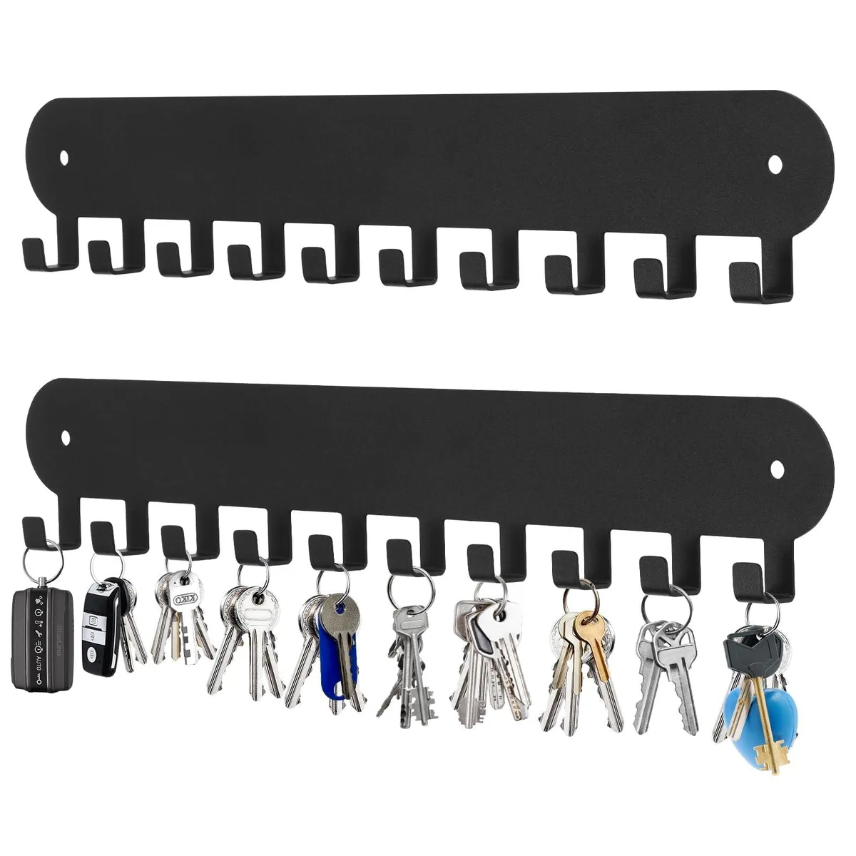 Two black stainless steel key rails, each with ten hooks, powder coated finish