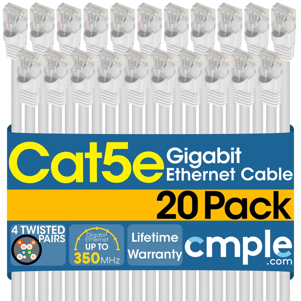 CMPLE CMPLE 20 Pack Cat5e Ethernet Patch Cable 10 ft White 350 MHz — product photo