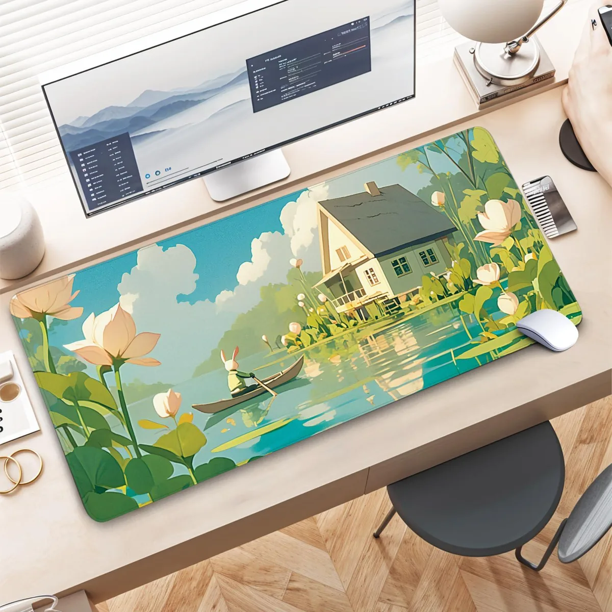 Green rectangular mouse pad, 31.5 by 11.8 inches, stitched edges, non-slip rubber base