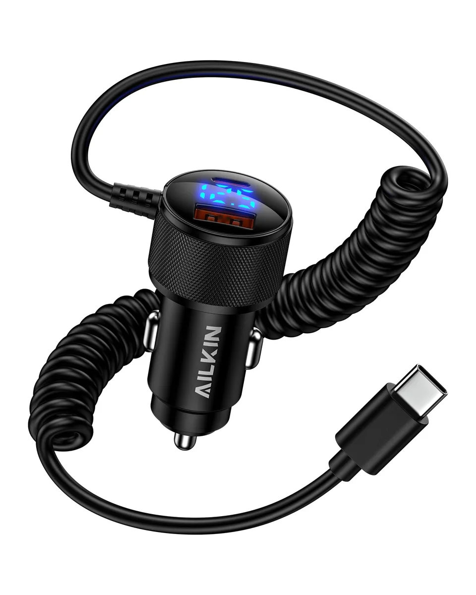 Compact car charger with coiled USB-C cable and two ports