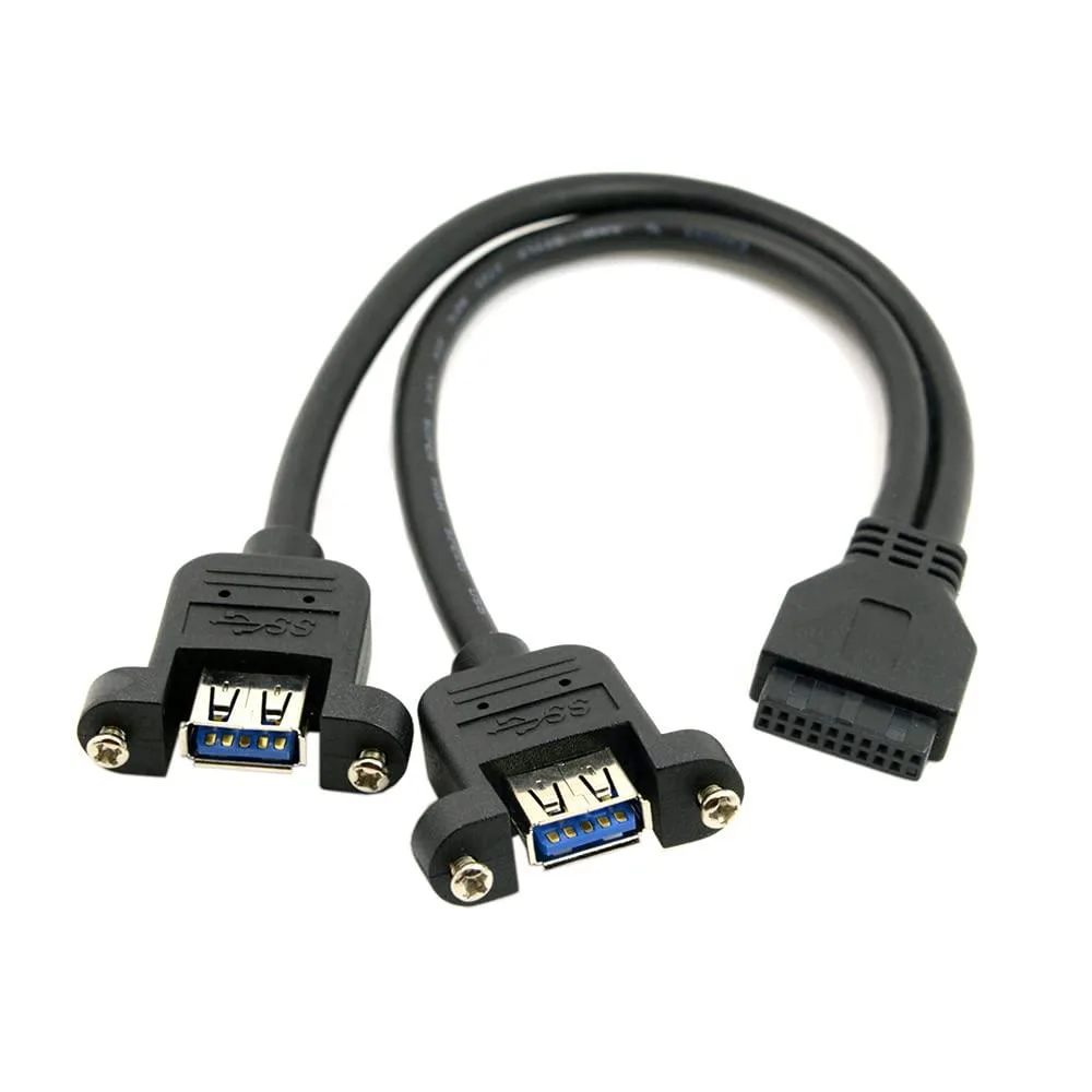 Fervit Fervit USB 3.0 Dual Port A Female Screw Mount to Motherboard 20pin Header Cable Black 25cm — product photo